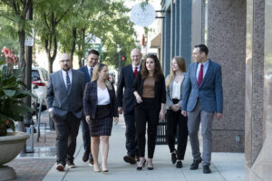 Lafayette lawyers from Stuart & Branigin walking together in downtown Lafayette, IN
